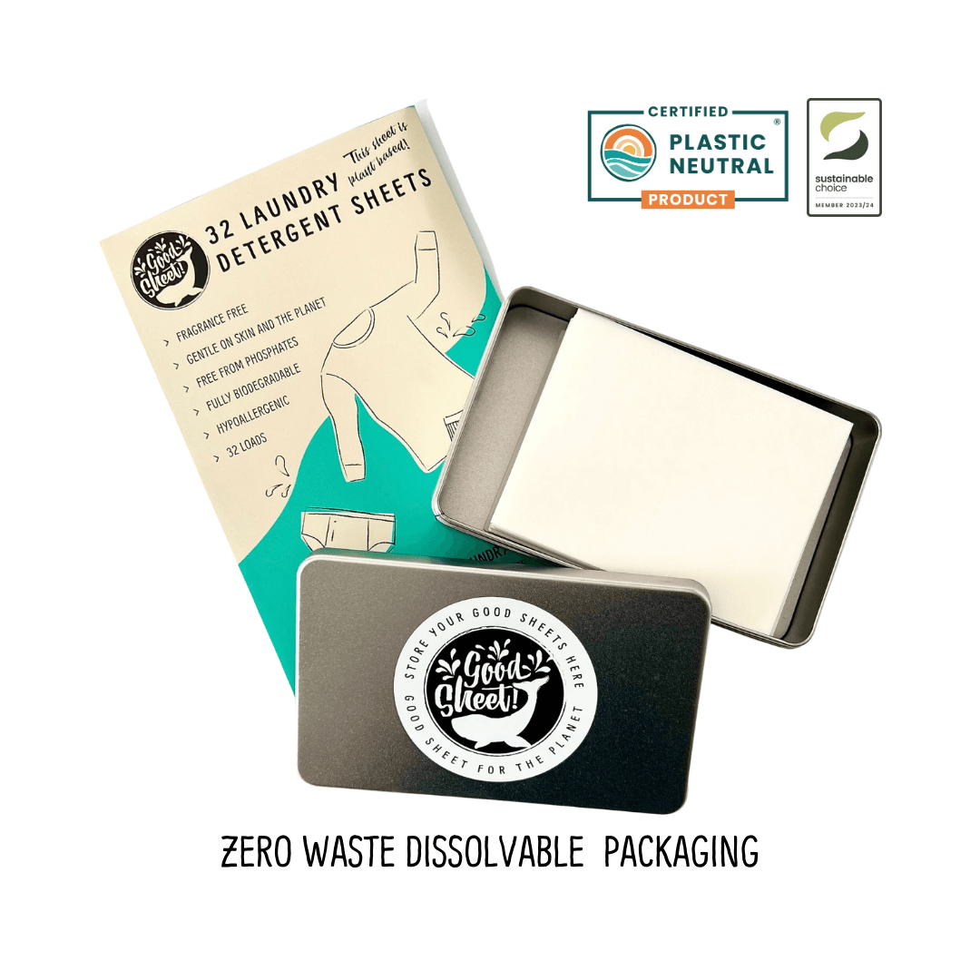 Zero Waste Dissolvable Packaging 32 Laundry Detergent Sheets Fragrance Free with Storage Tin