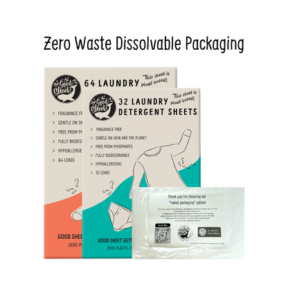 Zero Waste Dissolvable Packaging for 64 and 32 Laundry Detergent Sheets Fragrance Free Value Option with 96 Sheets